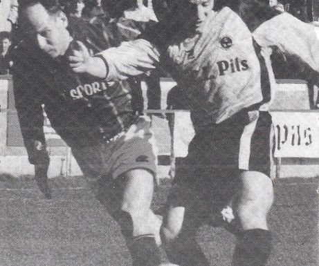 Willie Irvine first to the ball against Stenhousemuir